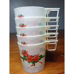 5 Stackable Plastic Cups Mugs Punch Anchor Hocking Poinsettia Christmas Vintage